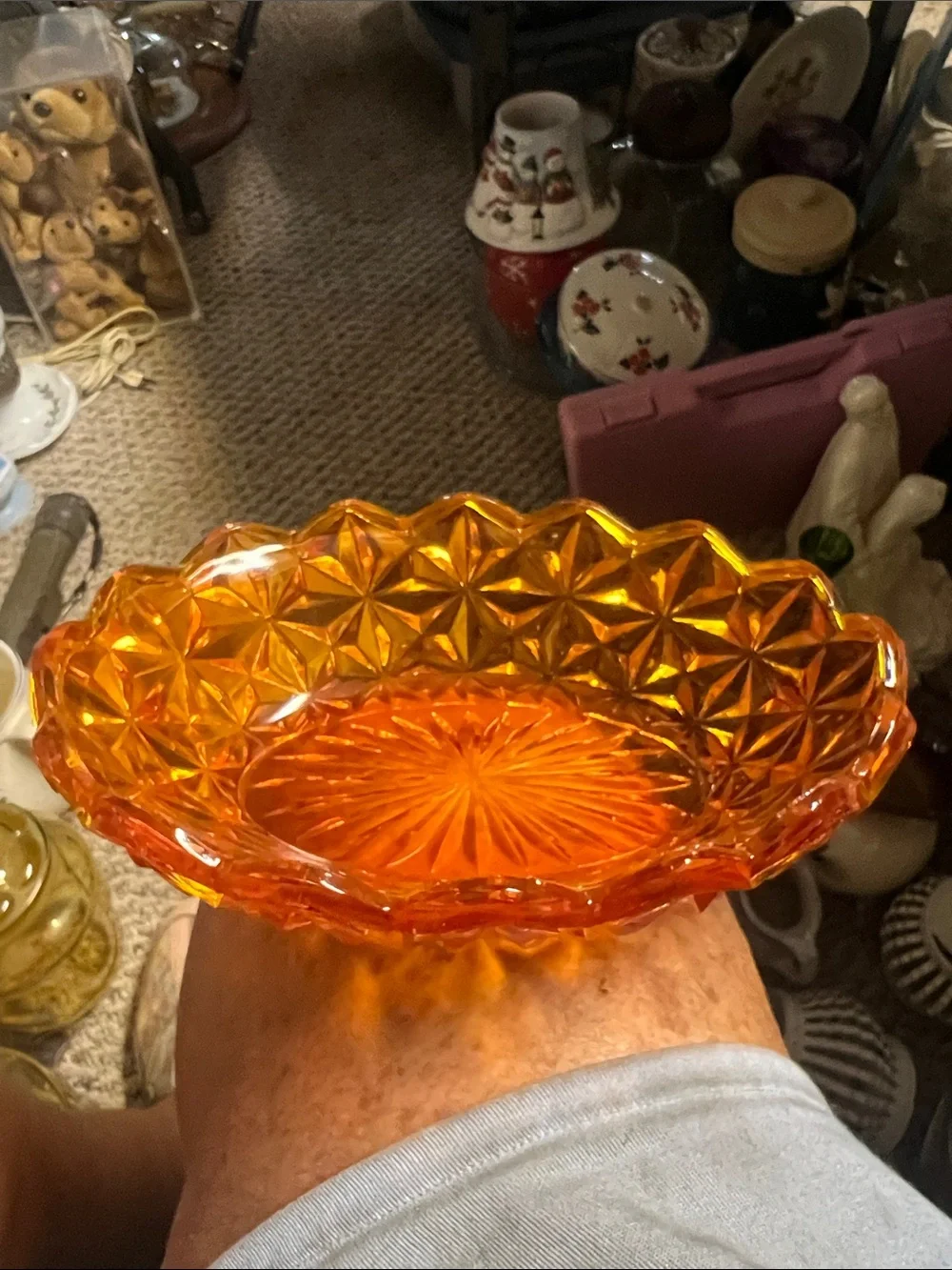 Vintage Amber Orange Pressed Glass Serving Bowl